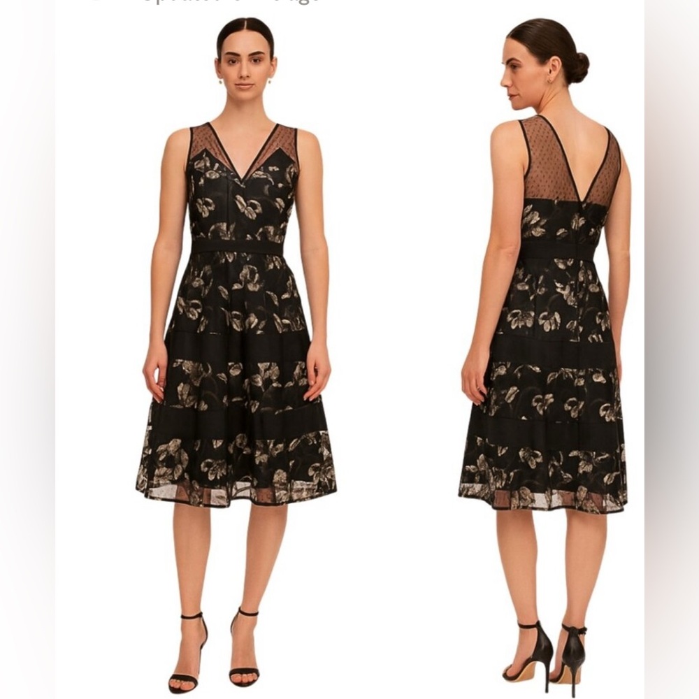 Sleeveless Black Floral Midi Dress with Sheer V-Neck